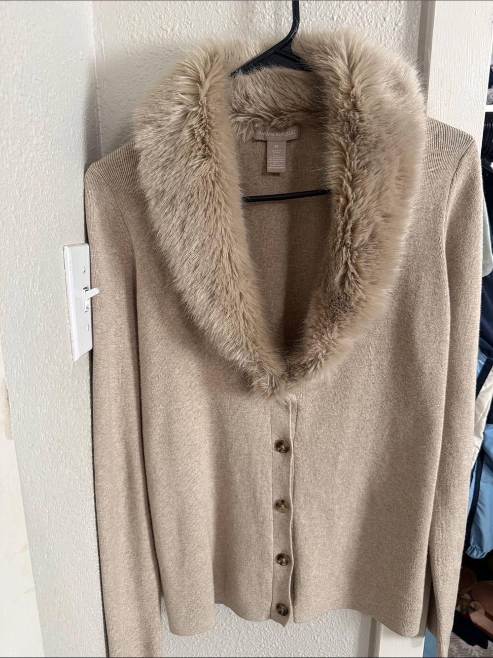 Faux-Fur Trim Taupe Button-Front Cardigan Sweater cotton cashmere blend
